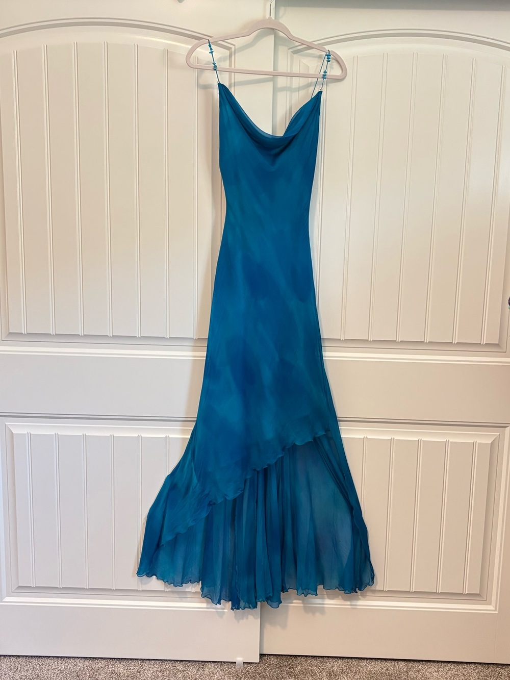 VTG Caché Beaded Silk Aqua Blue Asymmetric Ruffle Gown Size 10 Y2K Mermaid rare